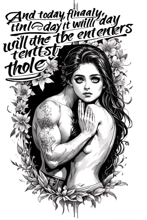 Text That Says "And today finally, it will be the day that enters that hole." With Boy Praying to a sexy girl. tattoo design idea