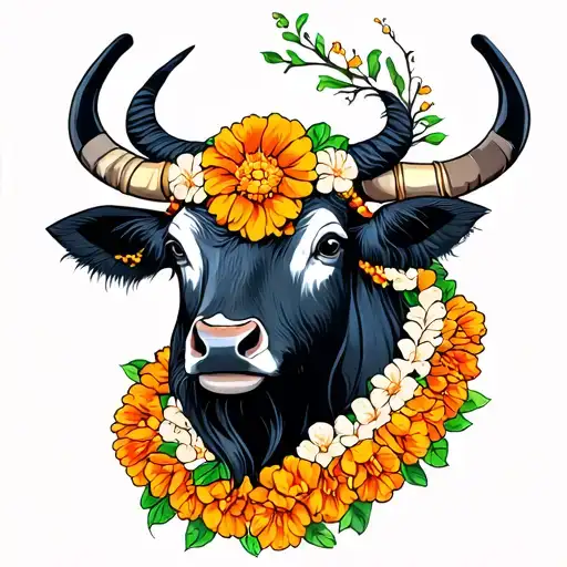 ox with marigold lei tattoo design idea