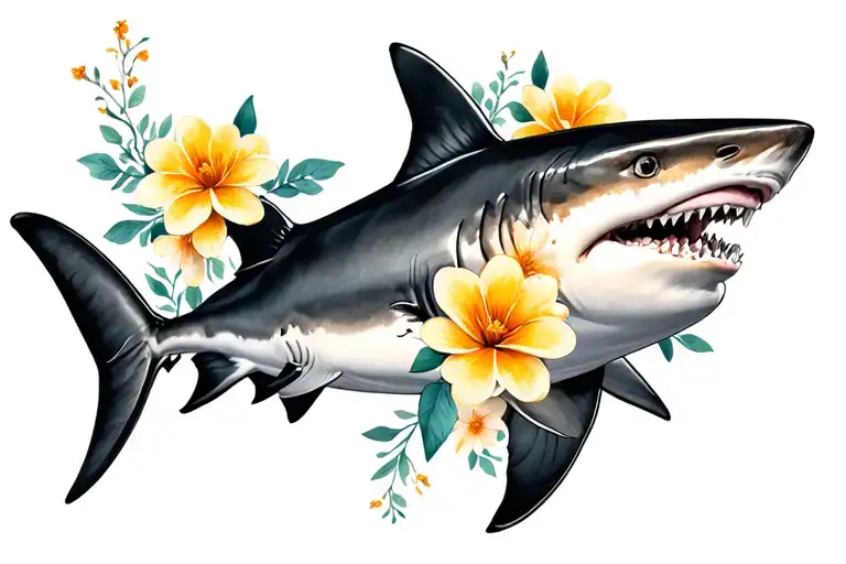 Black and grey lemon shark with flowers for a female forearm tattoo design idea