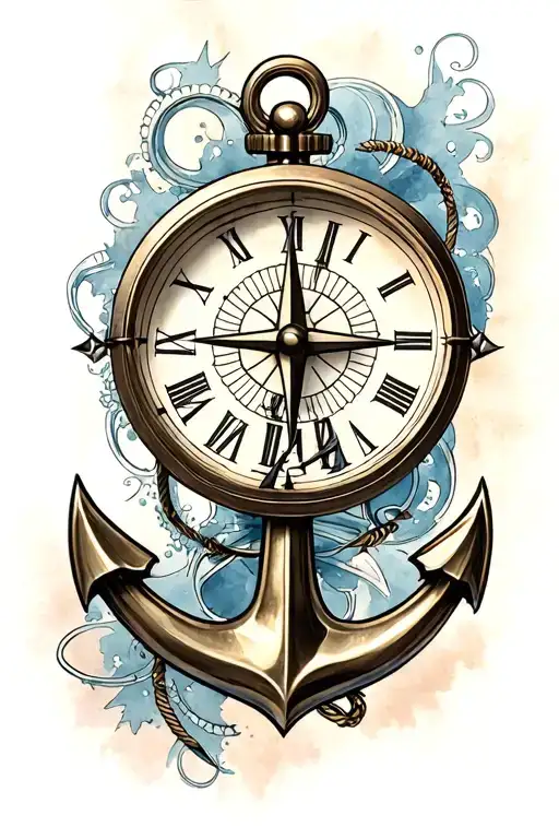 clock, anchor, compass, VII tattoo design idea