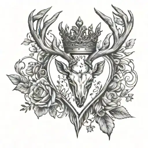 a heart on fire with a queens crown and deer antlers tattoo design idea