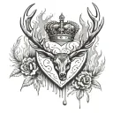 a heart on fire with a queens crown and deer antlers tattoo design idea