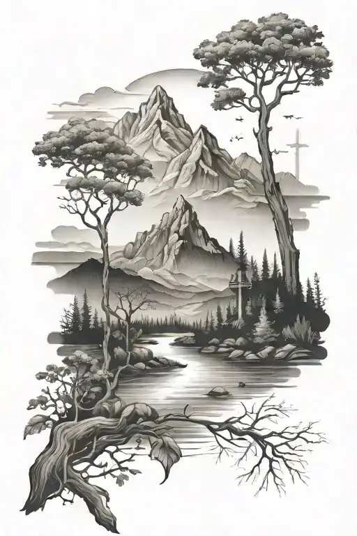 mountains with tress a river and a cross tattoo design idea