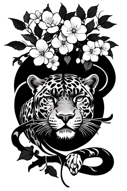cherry blossom branches stretching with american tradiotional style jaguar below and vine wrapping arounf forearm tattoo design idea