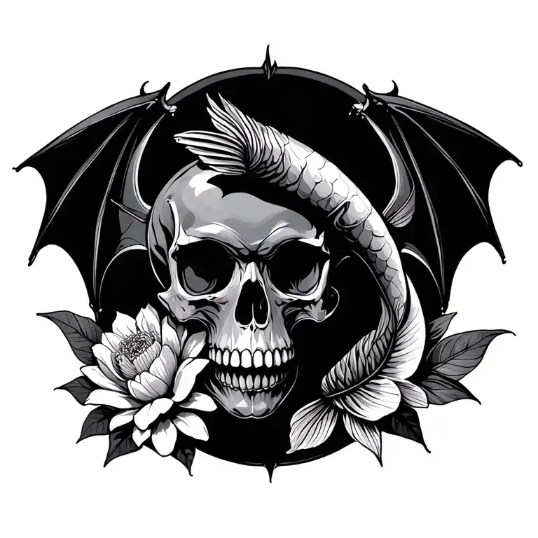 bat, skull, fish, flower intertwined tattoo design idea