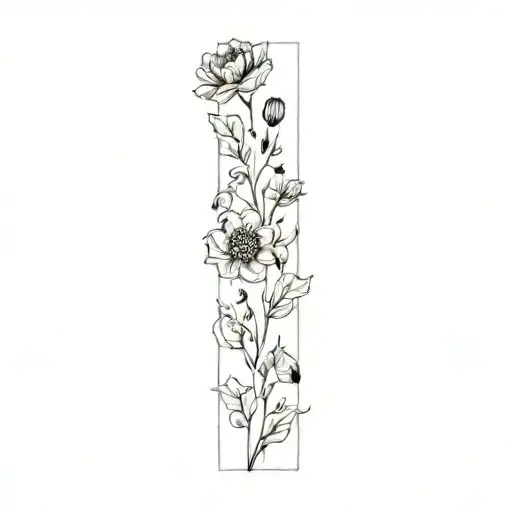 draw a straight spine tattoo that is all the flowers Asters, marigolds, holly,  poppies, Peonies, roses , and irises tattoo design idea