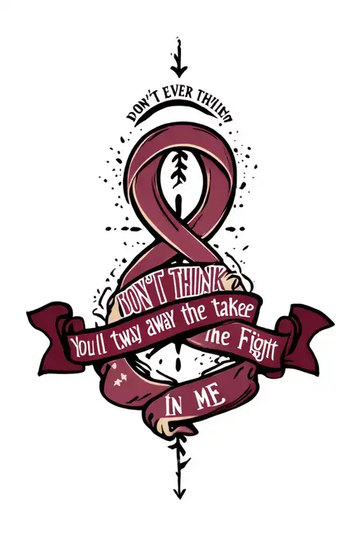 Collarbone tattoo with the words "Don't ever think you'll take away the fight in me" and the burgundy and ivory cancer r tattoo design idea