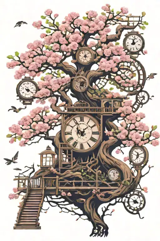 Long, spiraling, Japanese cherry blossom tree with a lot of branches, animals, clocks, wooden ladders, sports stuff tattoo design idea