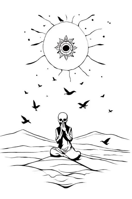 praying Skelton in a dark landscape with small black birds and the sun with an Aztec theme  tattoo design idea