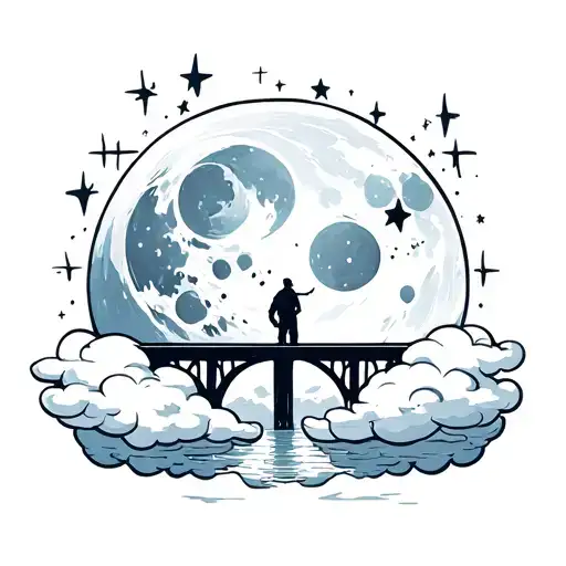 a moon on top and clouds and stars around the moon with a straightbridge in the middle with a black person figure on it  tattoo design idea