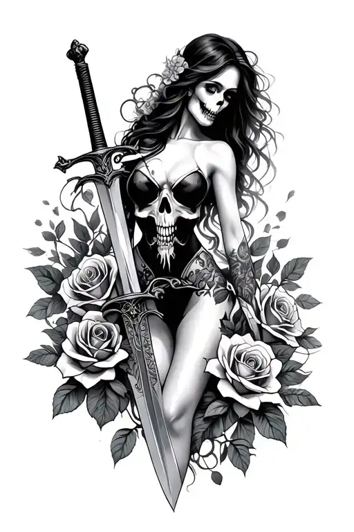 skulls, roses, swords, female silhouette tattoo design idea
