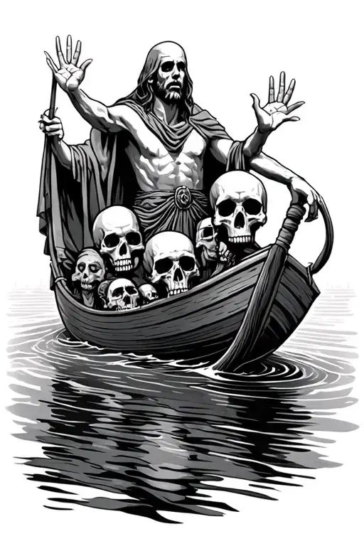 Charon crossing the river Styx with hands and souls coming up out of the water with skulls on his boat tattoo design idea