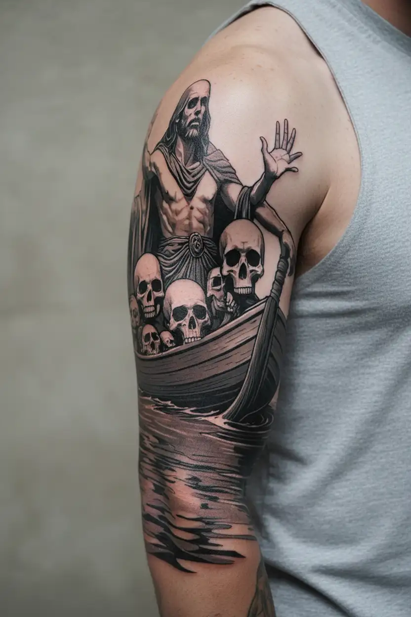 Charon crossing the river Styx with hands and souls coming up out of the water with skulls on his boat tattoo design idea