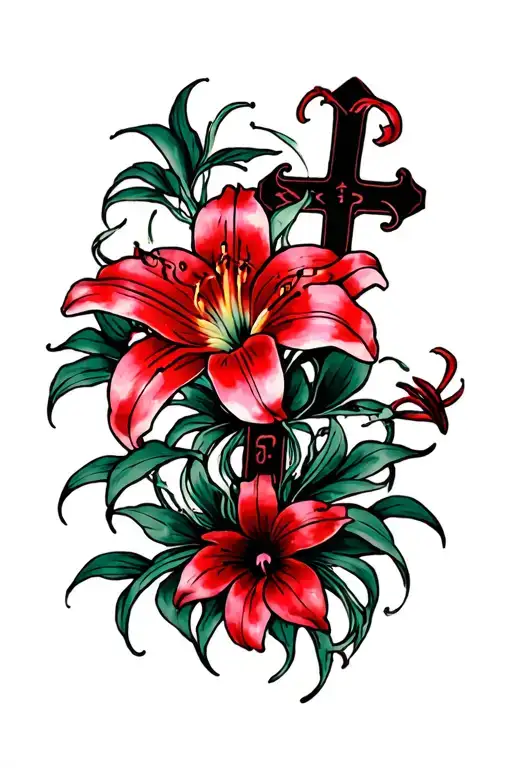 spiderlily behind cross tattoo design idea