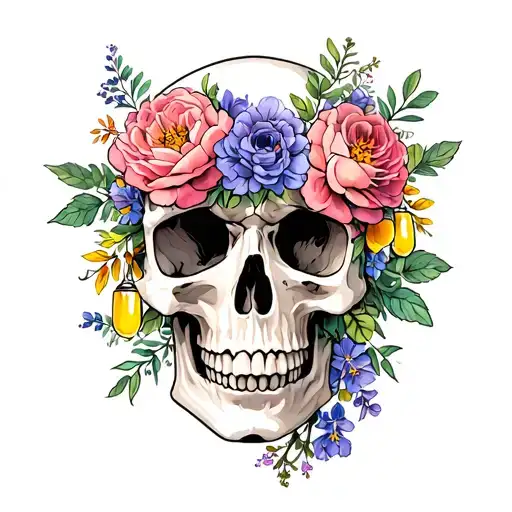 A skull comprised of mimosas, roses, violets and peonies tattoo design idea