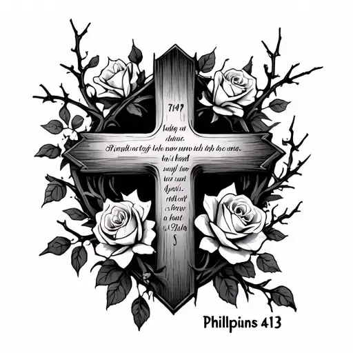 cross with thorns roses and vines with bible verse Philippians 4:13 tattoo design idea