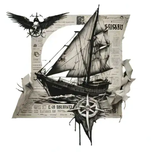 a ship in the style of trash polka, behind the ship a wind rose and newspaper clippings tattoo design idea