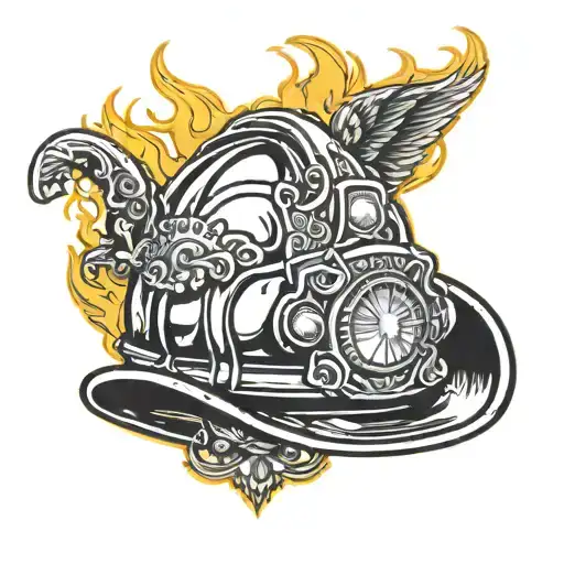 Incorporate a traditional firefighter helmet with a flaming background tattoo design idea