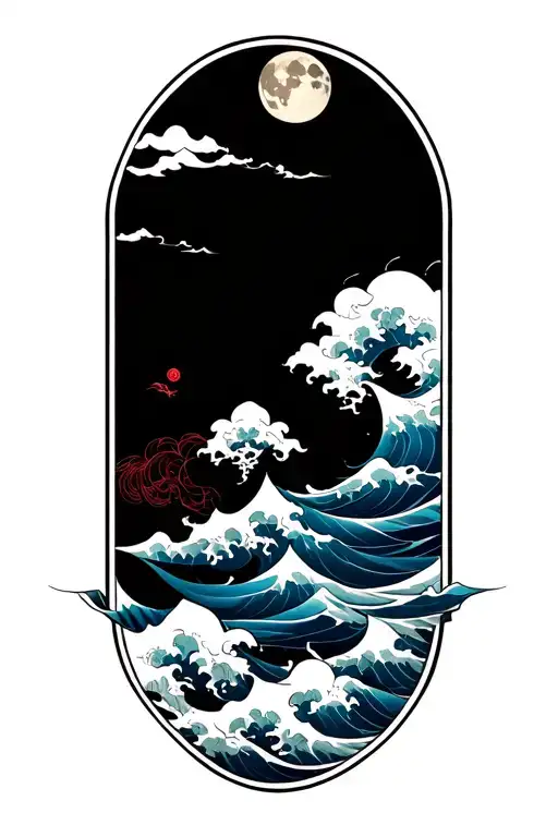 Japanese cloud tattoo with wave and moon tattoo design idea