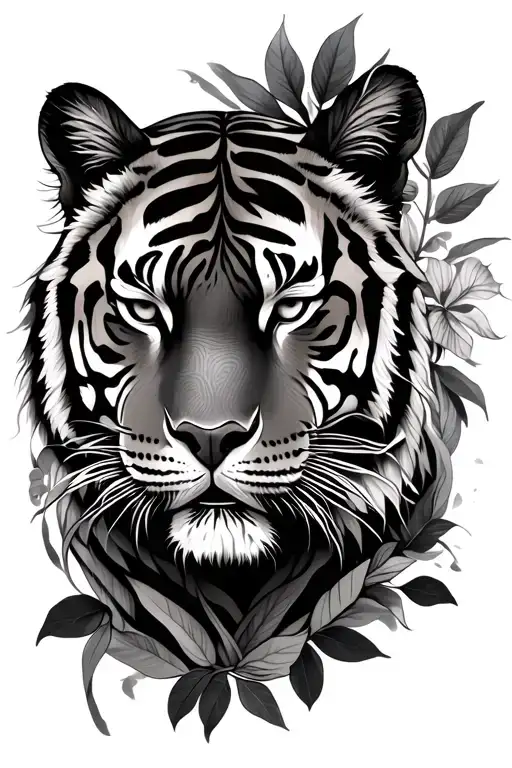 Tiger with Women face and leaves fore arm sleeve tattoo tattoo design idea