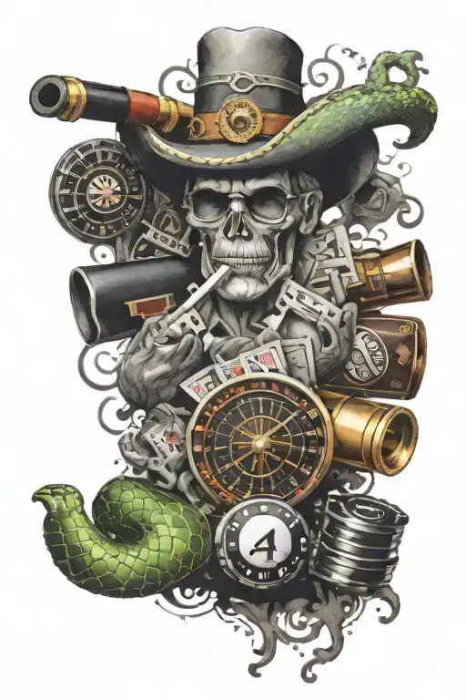 Las Vegas sign snake 4 aces 8 ball cigar gun whiskey roulette tattoo design idea