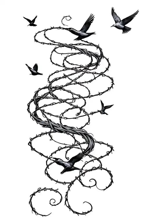 Feminine whimsical barbwire and swirly tendrils with several swallows intertwined flying up tattoo design idea