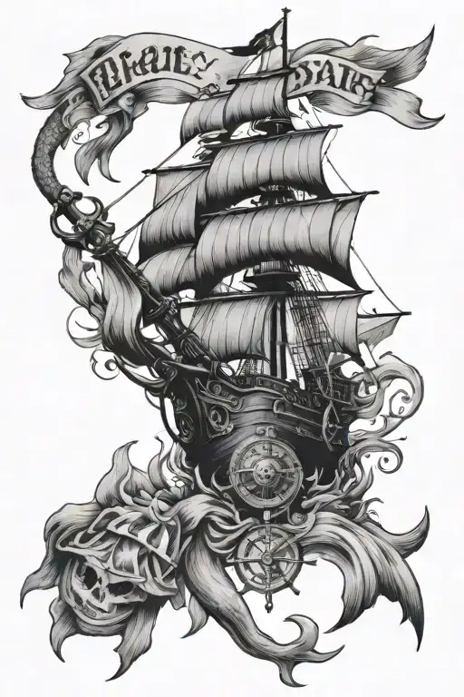 pirate ship, anchor, compass, mermaid tattoo design idea