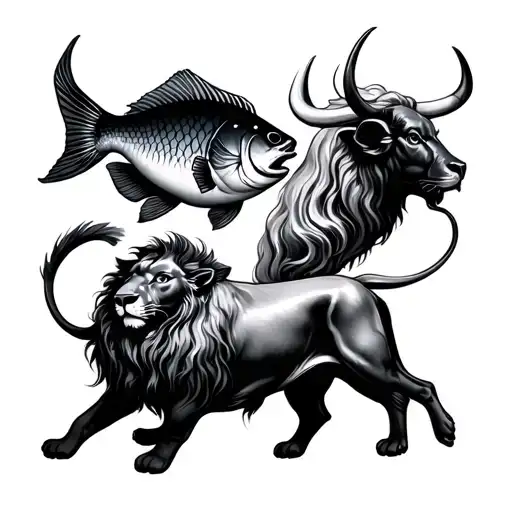 Pisces fish and leo lion and Taurus bull  tattoo design idea
