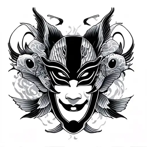 Kabuki Mask With Pieces Koi Fish Swiming tattoo design idea