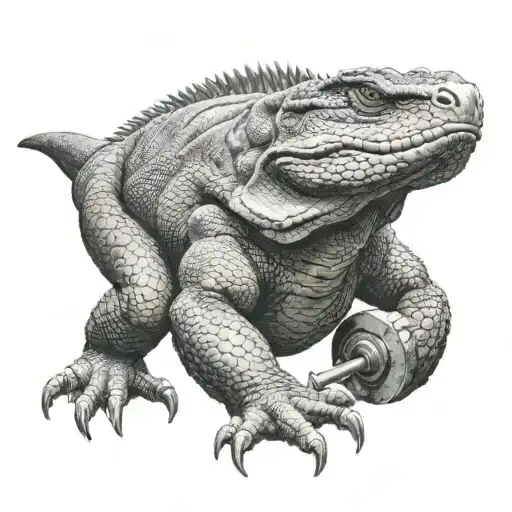 humanized komodo dragon with mouth open lifting heavy weights  tattoo design idea