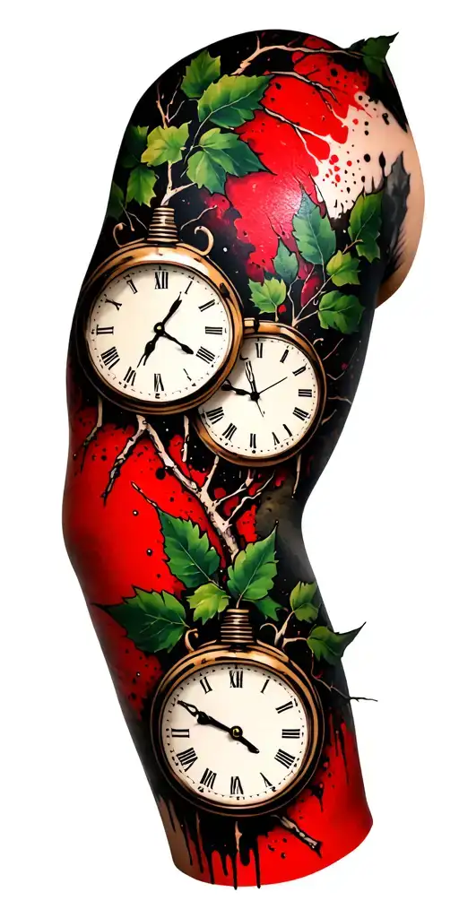 birch branches with hunter green leaves with only three clocks integrated into it for an arm sleeve tattoo design idea
