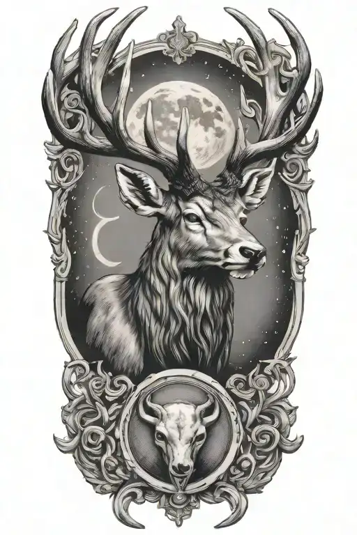 Powerful stag head with large antlers and rings on antler base, moon tattoo design idea