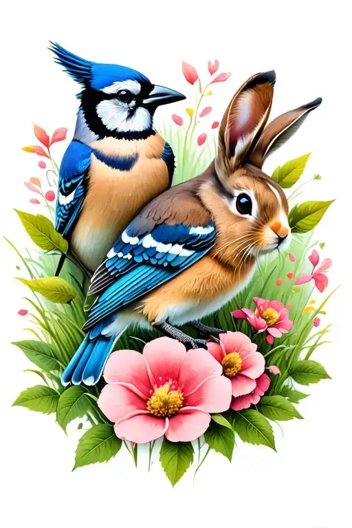 trailing flowers and leaves, blue jay bird perched, and a rabbit in the grass tattoo design idea