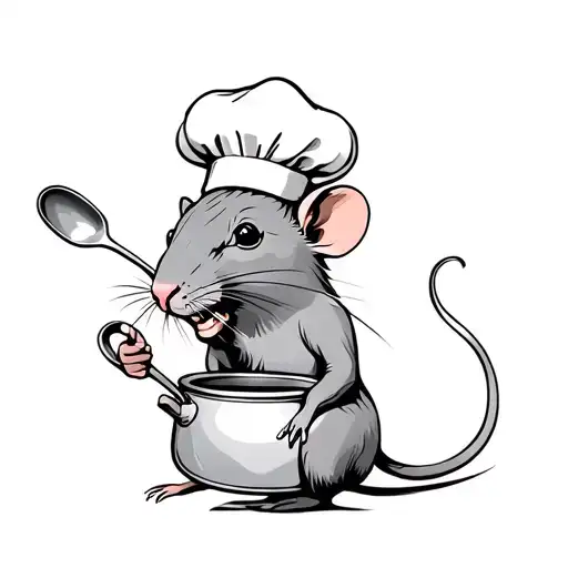 a rat holding a spoon and cooking pot with a chefs hat tattoo design idea