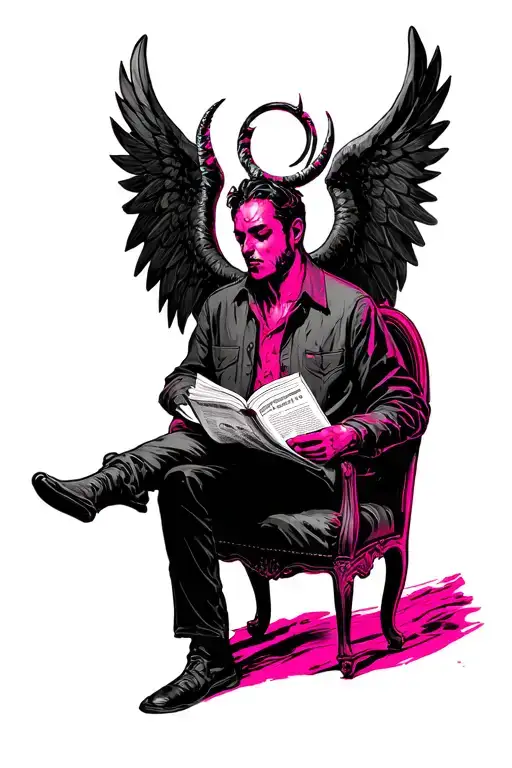 Man sitting on a newspaper chair read with black pink and evil horns and an angel's ring over the head tattoo design idea