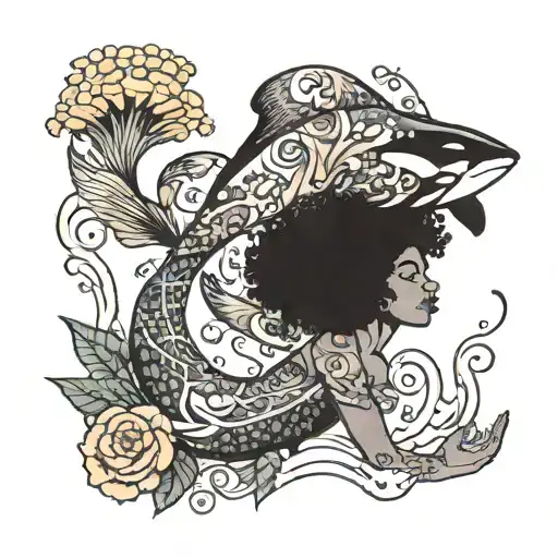 afro mermaid swimming alongside orca tattoo design idea