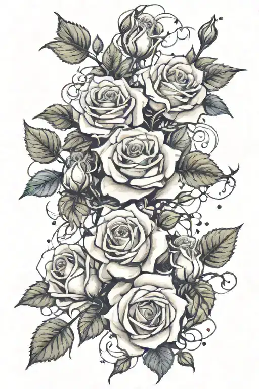 white roses on a vine intertwined with petals falling down tattoo design idea