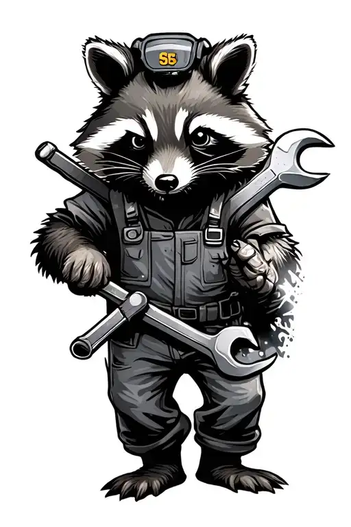  stressed out racoon mechanic covered in grime holding an adjustable wrench tattoo design idea
