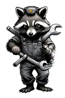  stressed out racoon mechanic covered in grime holding an adjustable wrench tattoo design idea