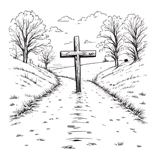 an unpaved road leading towards with a small cross made by wood far at the end of the road tattoo design idea