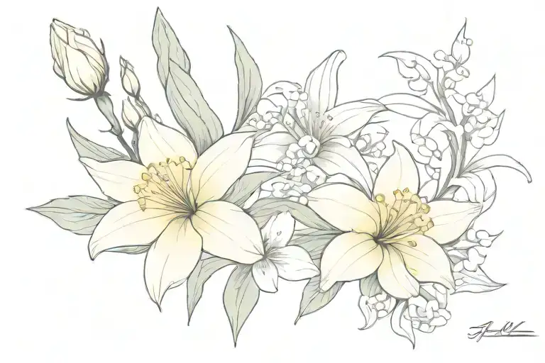 Chrysanthemum, gladiolus, narcissus, lily of the valley tattoo design idea