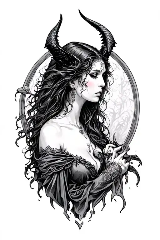 The Warden, succubus, solemn figure, mysterious, that emerges from the fog to watch over memories, loss. grief tattoo design idea