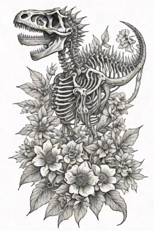 dinosaur skeleton and wildflowers blooming tattoo design idea