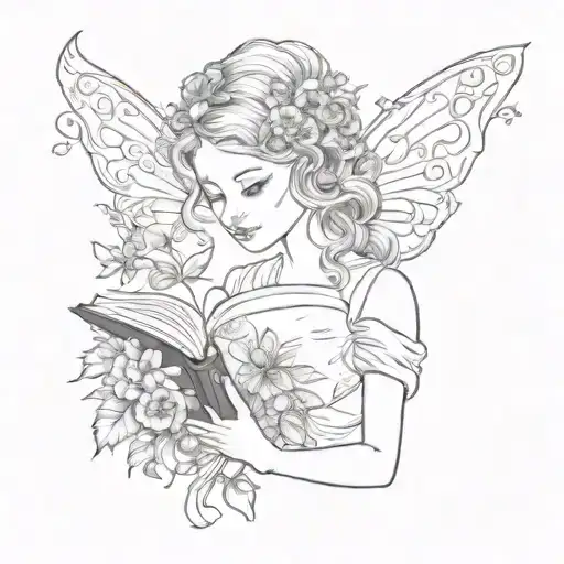 fairy reading book surrounded by bold floral Lady Profile Reading tattoo design idea