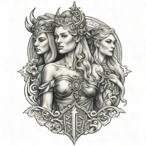 norse mythology tattoo with Maria, Georgia and freya supporting John tattoo design idea