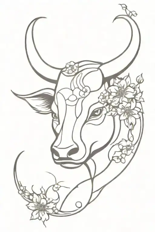 half cat head and half bull head connected, one line style, decoration with plum blossoms on bull horns tattoo design idea