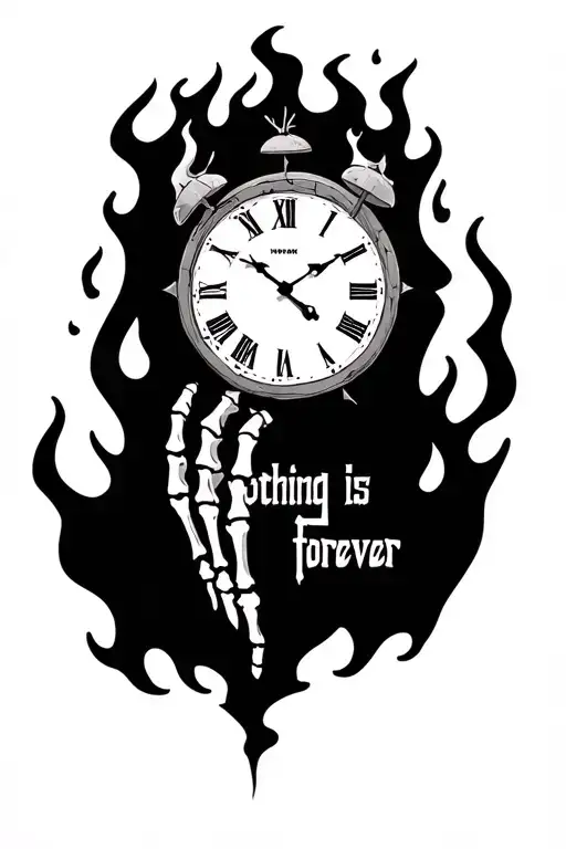 cracked clock with flames and the words on the side nothing is forever and skeleton fingers tattoo design idea