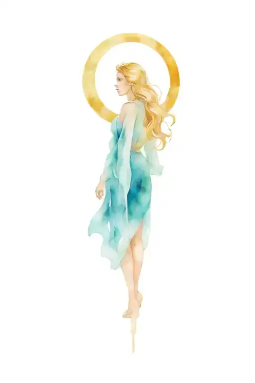 wisdom goddess powerfull full body standing flowing robe sexy moon tattoo design idea