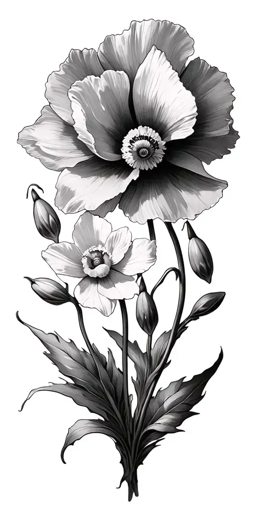 poppy, narcissus, snowdrop, honeysuckle growing and vines tattoo design idea