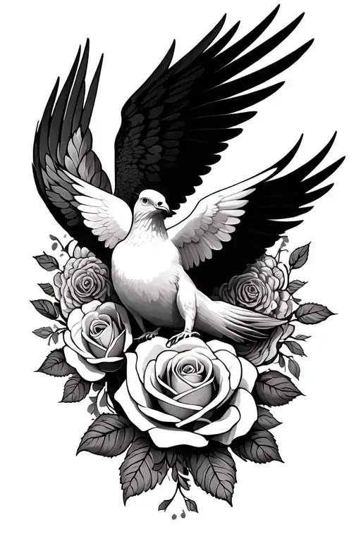 wings spread dove sitting ontop of a mandala that is intertwined with roses. make sure the intertwined mandala rose is t tattoo design idea
